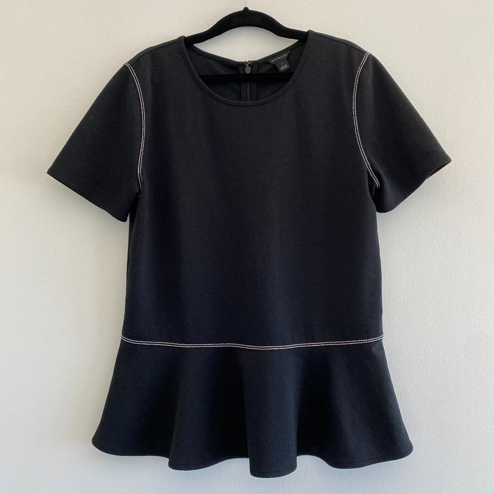 Ann Taylor Contrast Stitch Peplum Top Black Size S